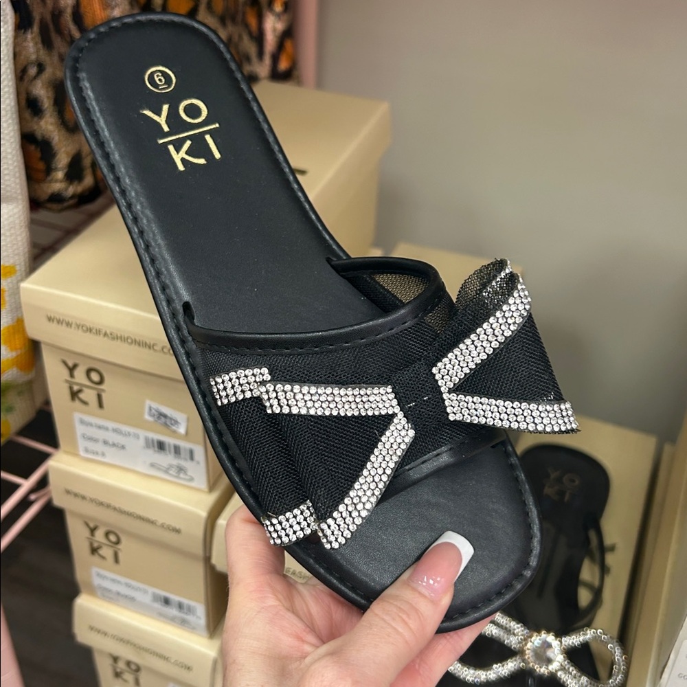 Yoki Black Sandals with Sparkling Bow